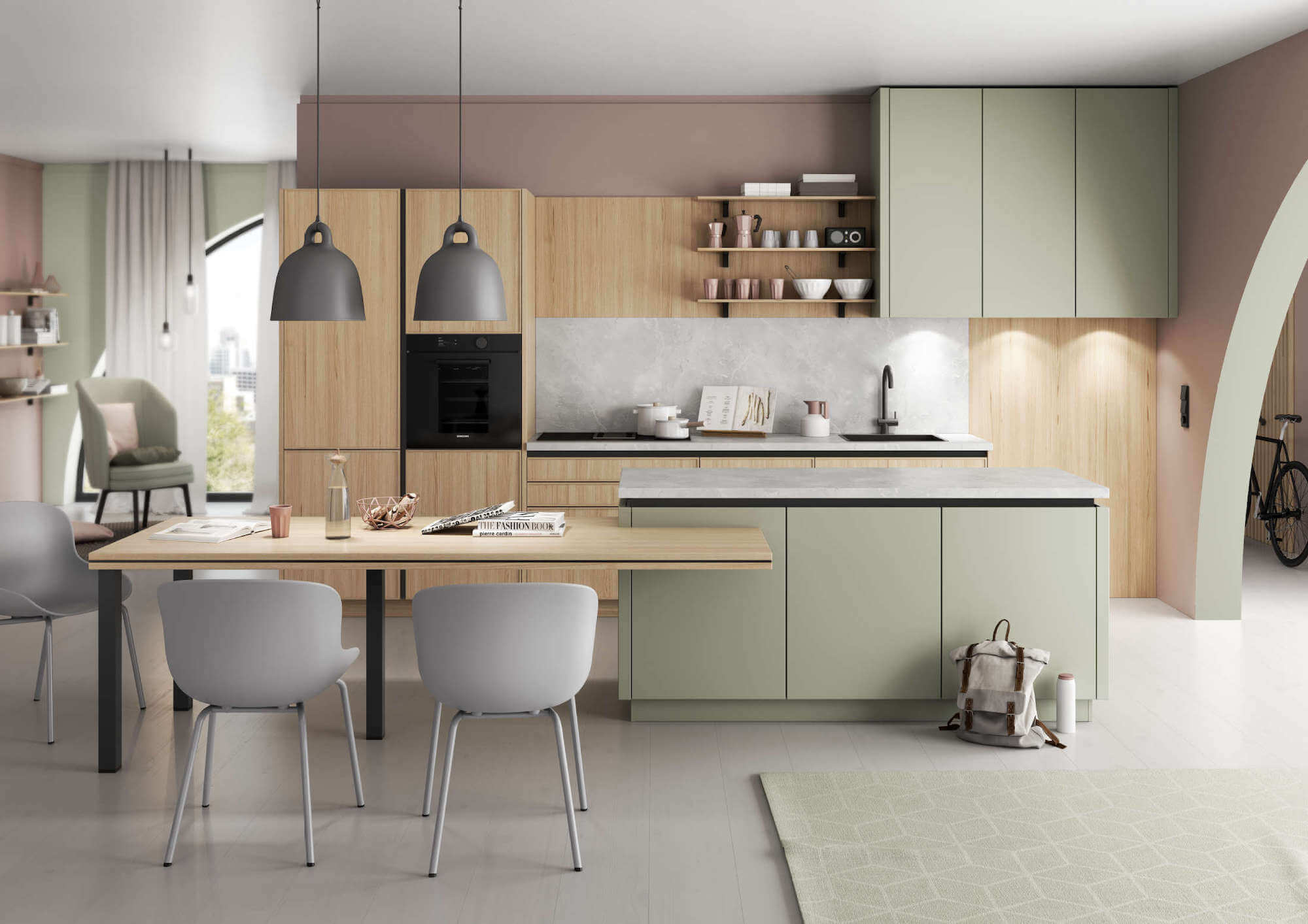 Bauformat Design Inselküche grün grifflos mit Echtholz Fronten